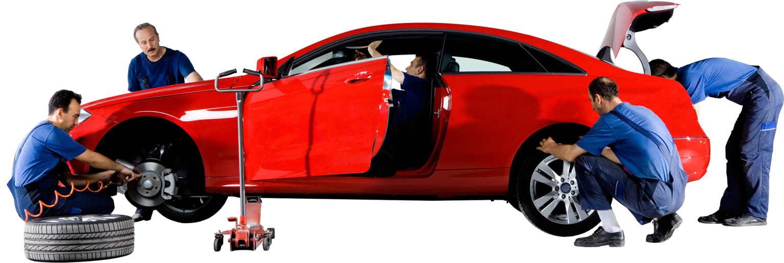Team of mechanics servicing a car